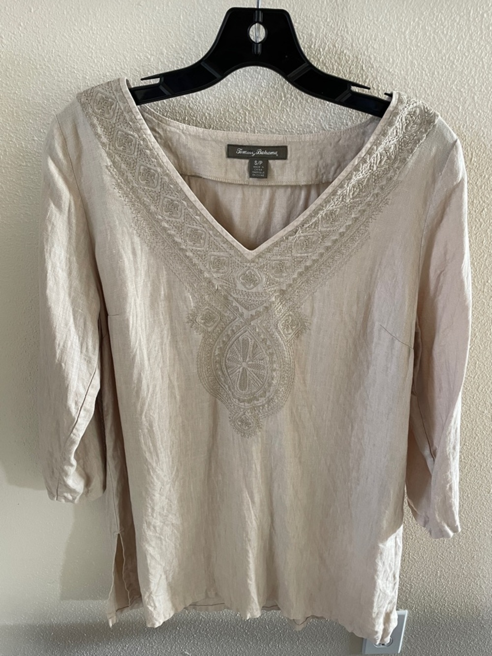 Tommy Bahama Creamy Beigr Embroidered V-Neck Linen Tunic Top Small